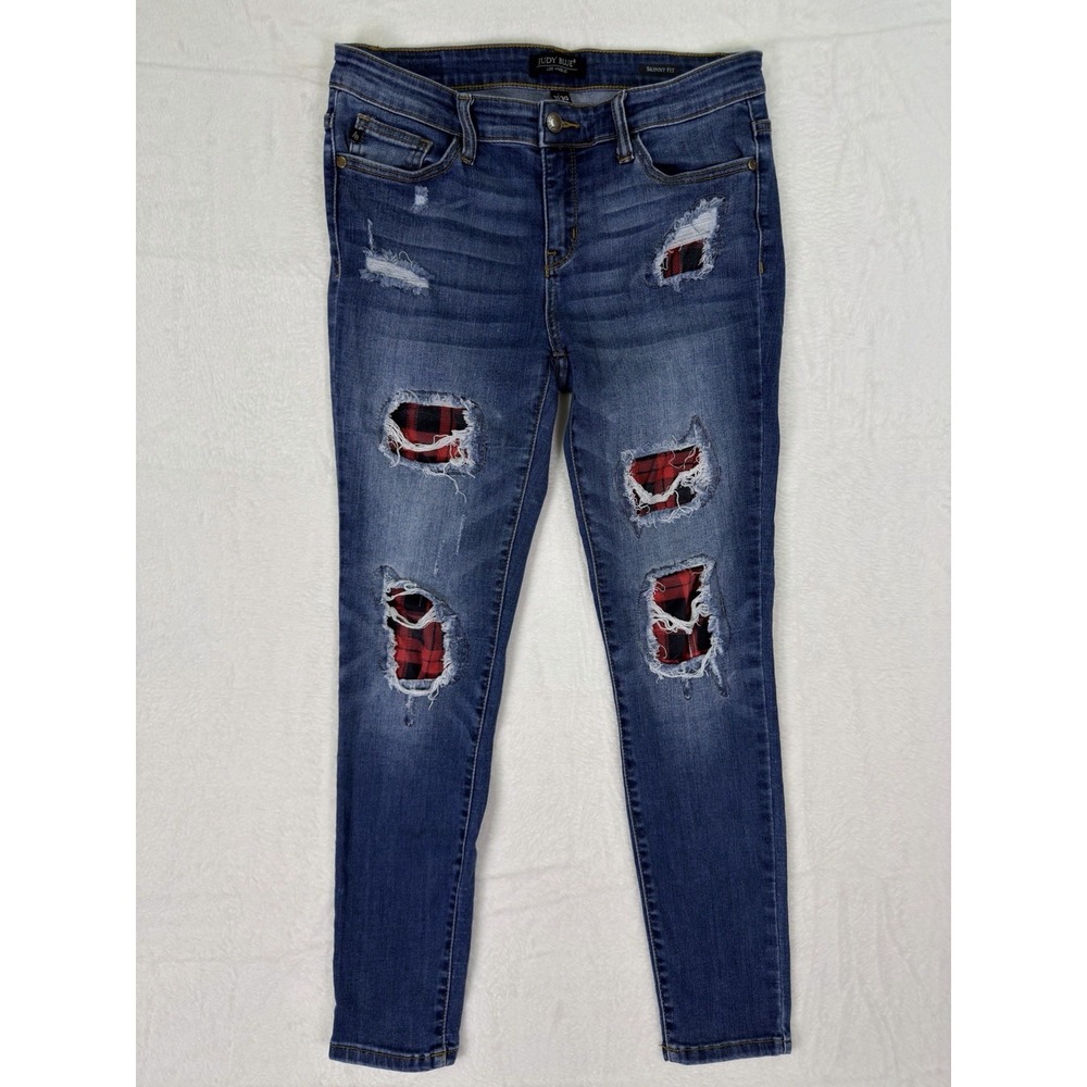 Judy Blue Jeans Womens 11/30 Blue Mid Rise Skinny Distressed Flannel‎ Patches